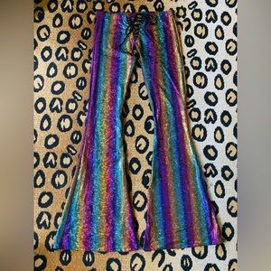 CLUB EXX Dolls Kill Rainbow Metallic Stretch Flare Rave Pants Club Festival M